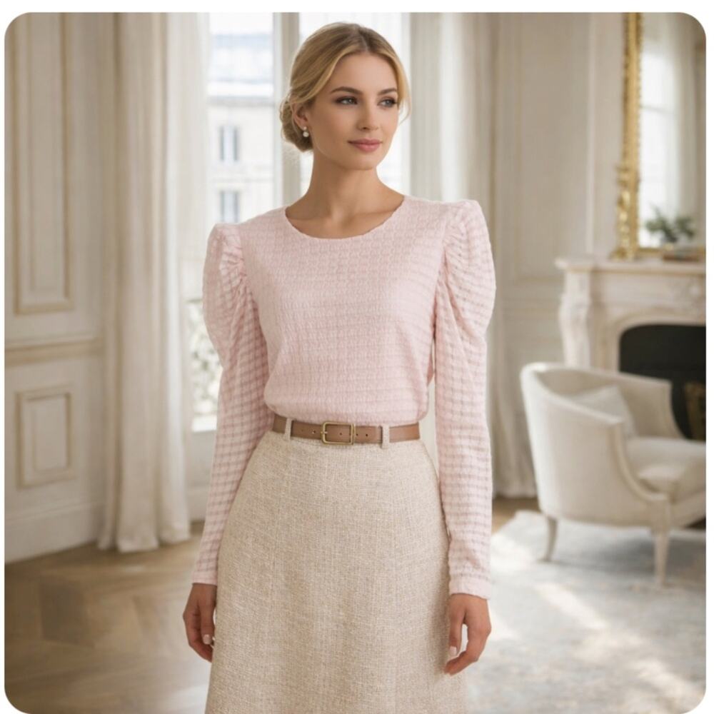 CALVIN KLEIN Burnout Check Puff Shoulder Long Sleeve Top Rose Size Medium